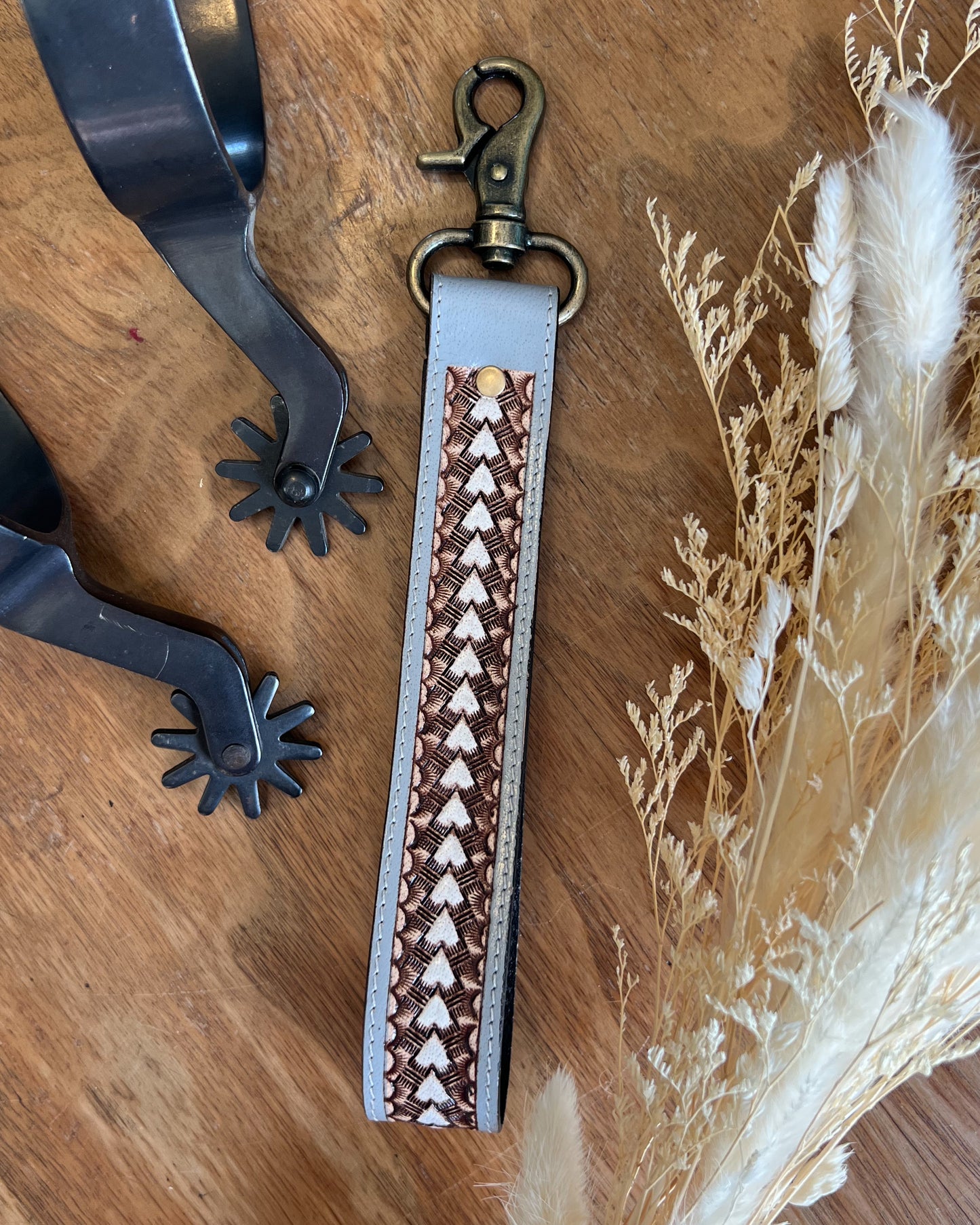Grey & White Tooled Leather Keychain – Western Concho