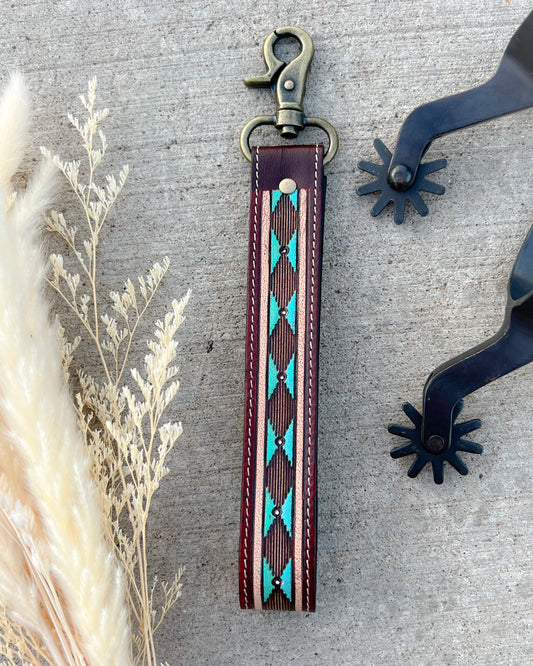 Southwest Teal Tooled Leather Western Keychain