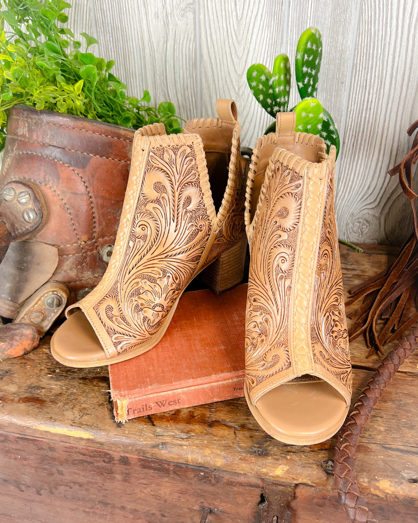 Tooled leather western high heeled booties with floral scroll design and open toe