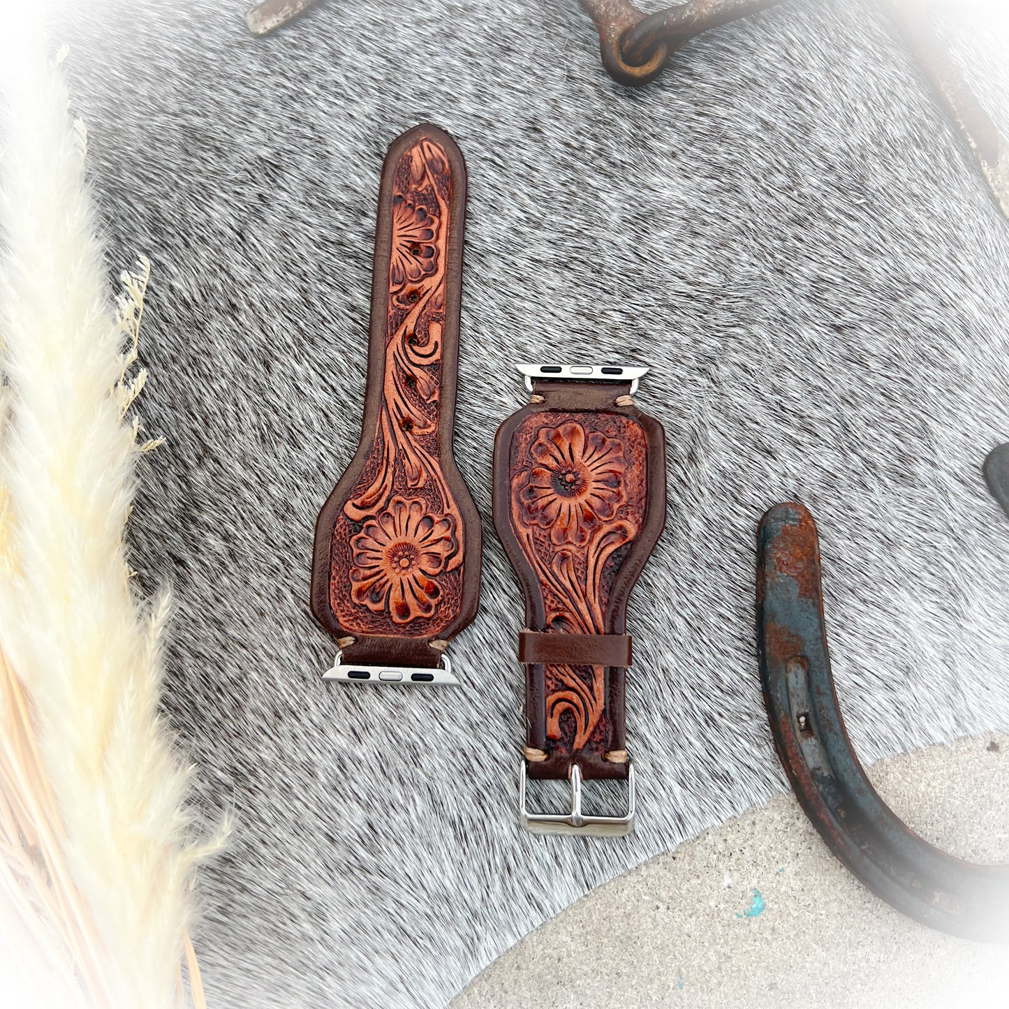 Lone Star Tooled Leather Watch Band - Antique Mahogany Color - 38mm-41mm