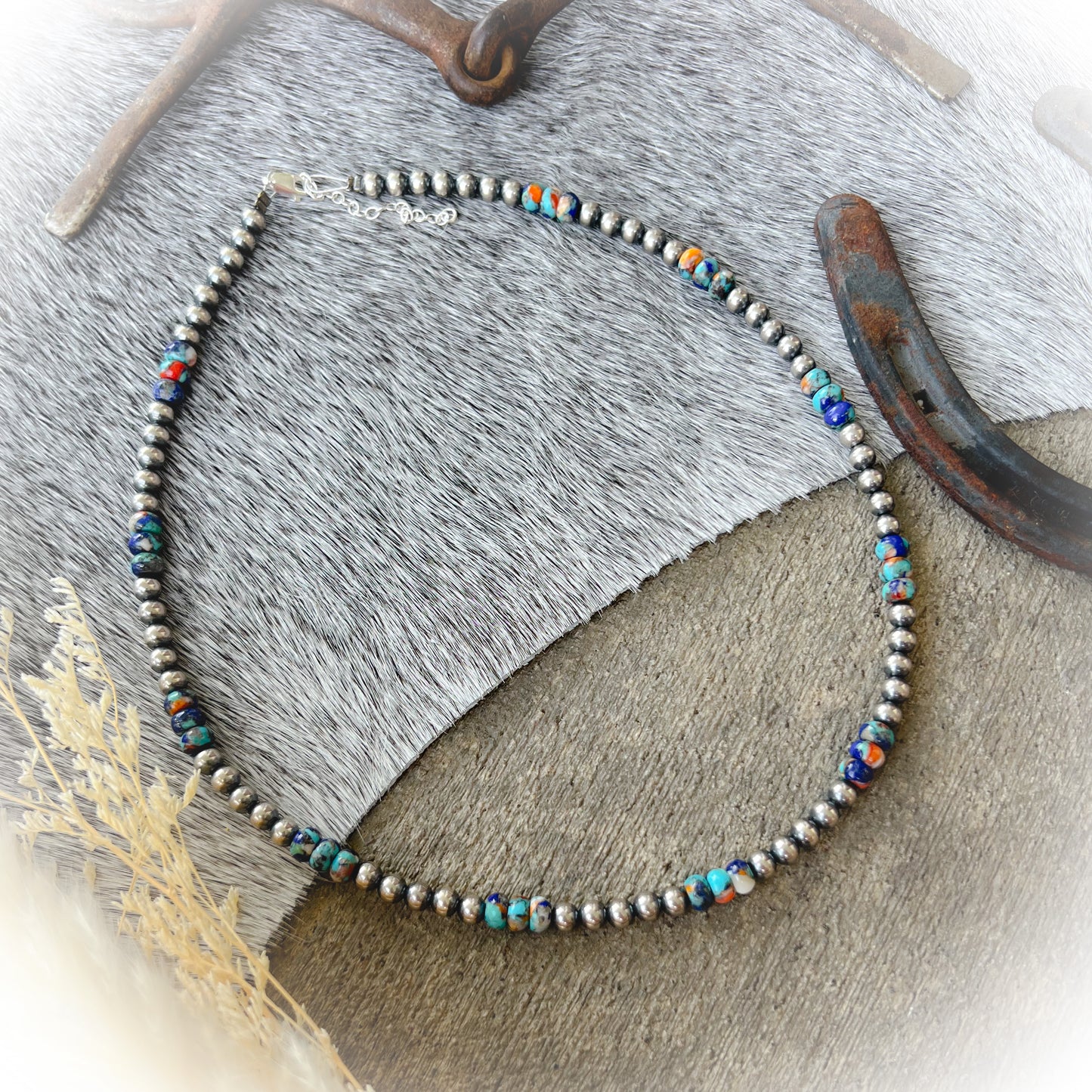 Western Sterling Silver Pearl Necklace with RARE Lapis, Spiny Oyster & Turquoise – 18" + 3" Extension