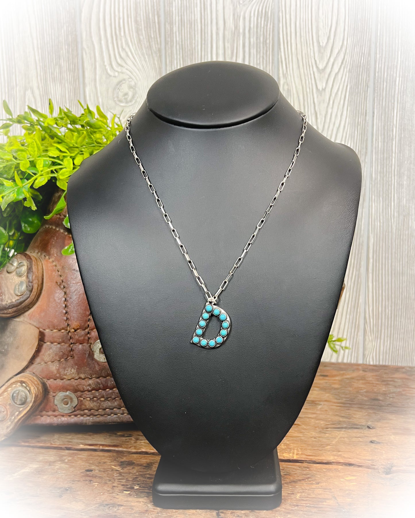 Western Turquoise Stone Initial Necklace