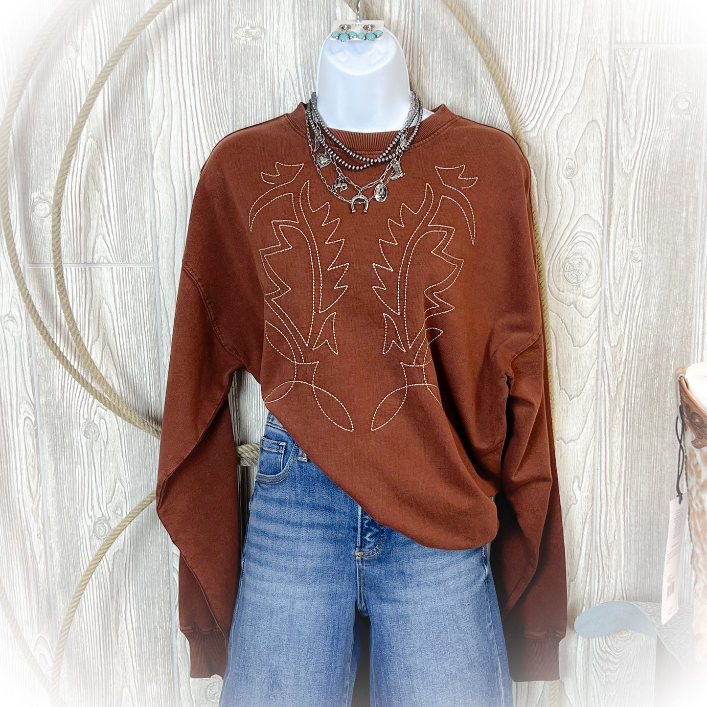 Bareback Jack Western Boot Stitch Crewneck Sweatshirt - Brown