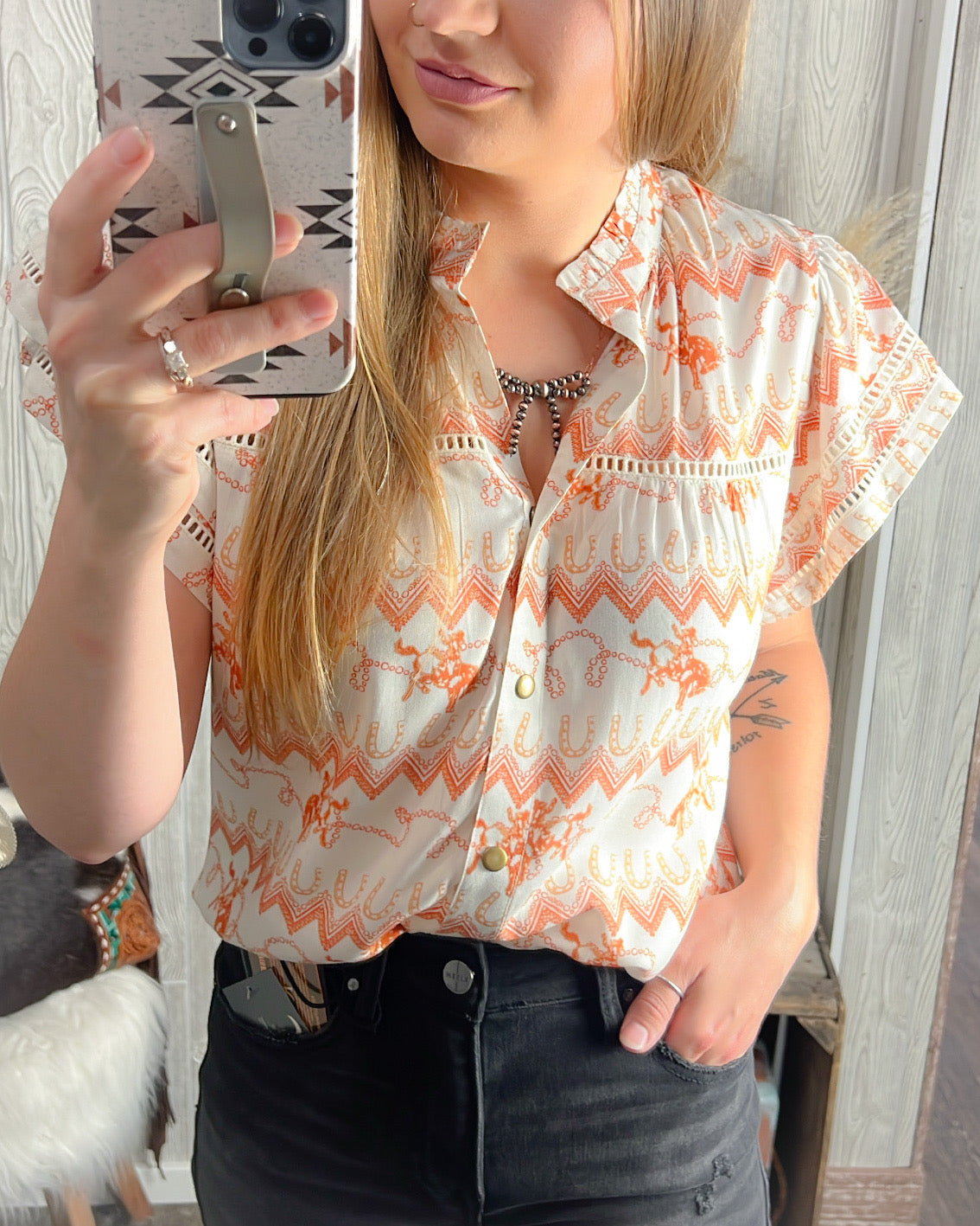 Rustling Rodeo Flutter Sleeve Top β Western Modest Blouse
