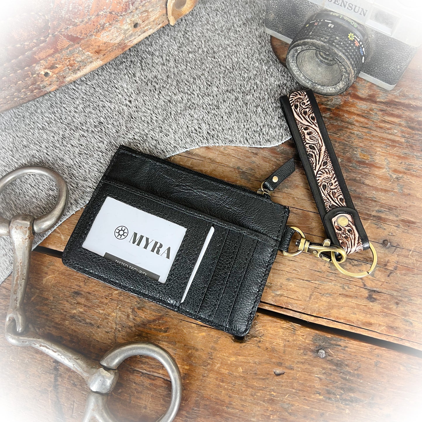 Western Nation Tooled Leather & Cowhide Card Holder