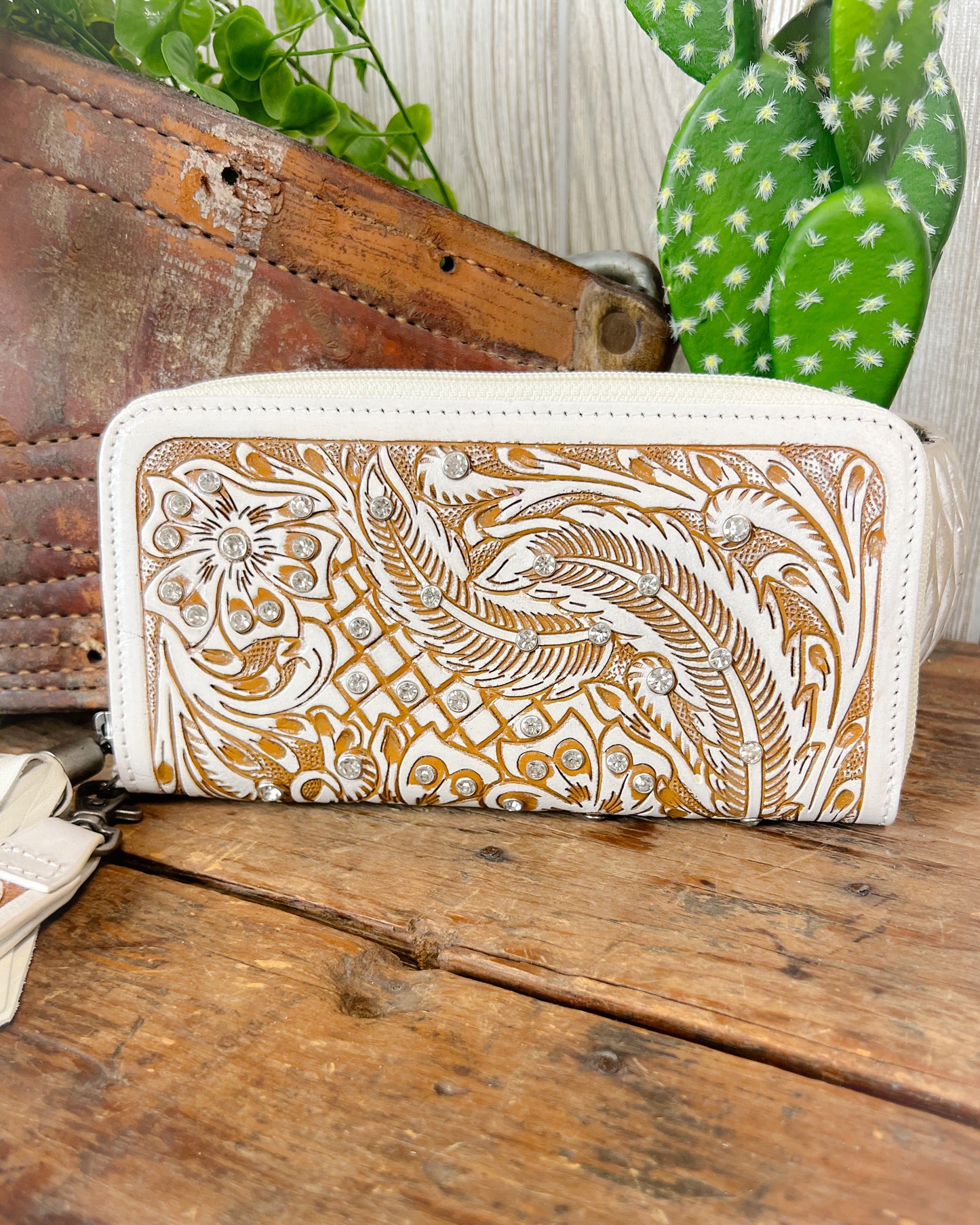 Wildflower Wishes Tooled Leather Wallet – White with Crystal Accents