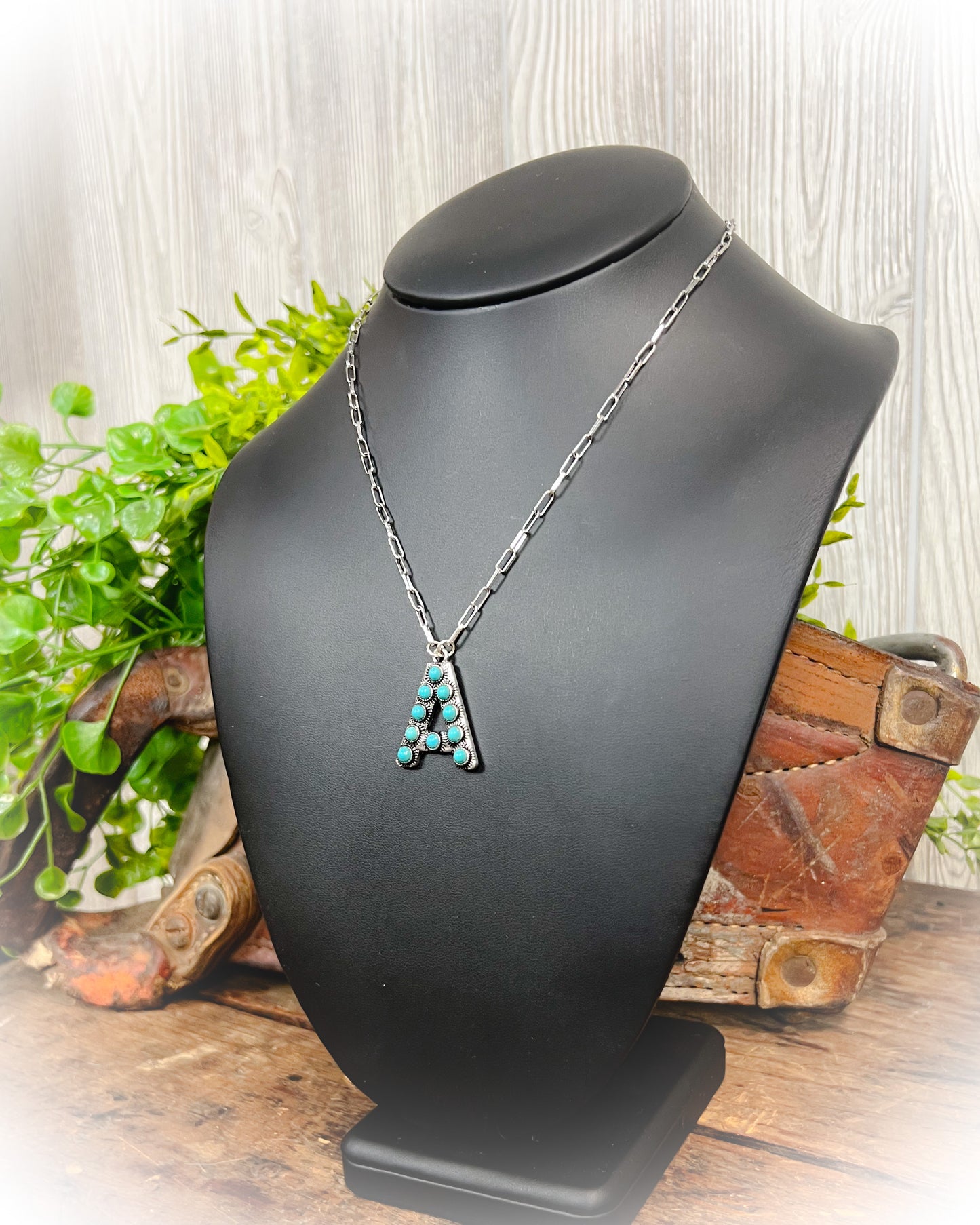 Western Turquoise Stone Initial Necklace