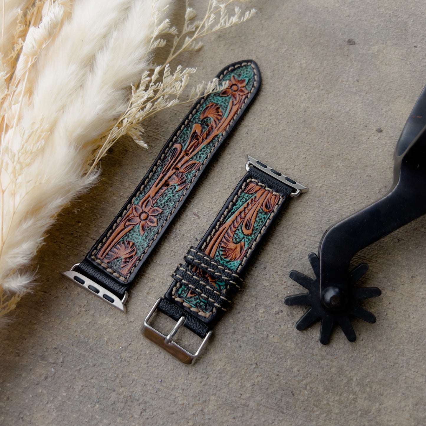 Turquoise Blossom Western Tooled Leather Watch Band - 38mm/40mm/41mm