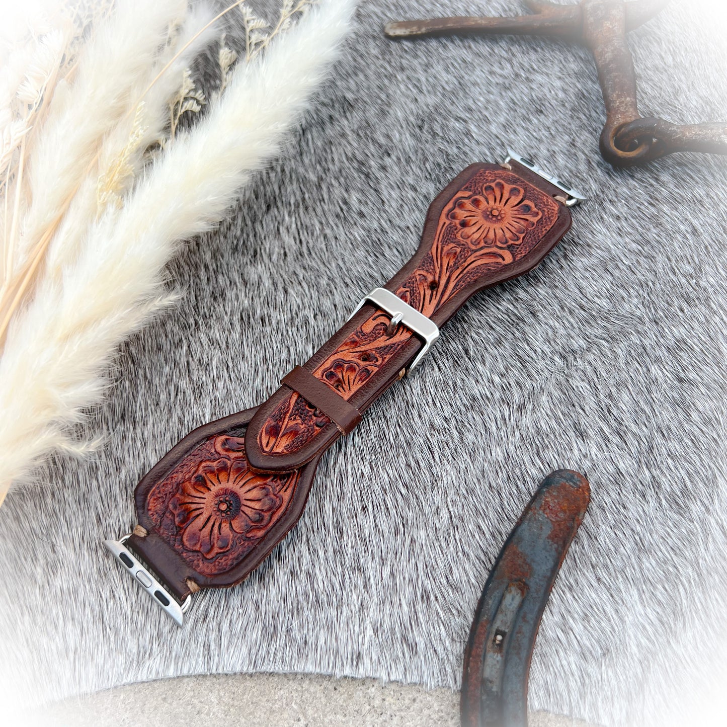 Lone Star Tooled Leather Watch Band - Antique Mahogany Color - 38mm-41mm