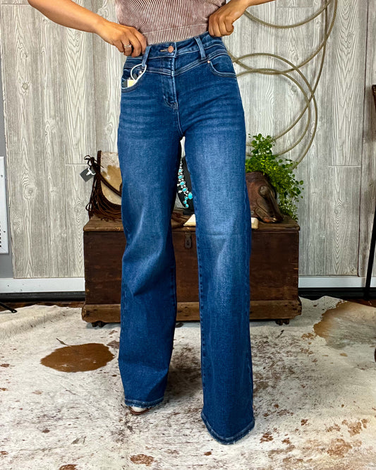 Morgan High Rise Wide Leg Front Yoke Risen Jeans - Dark