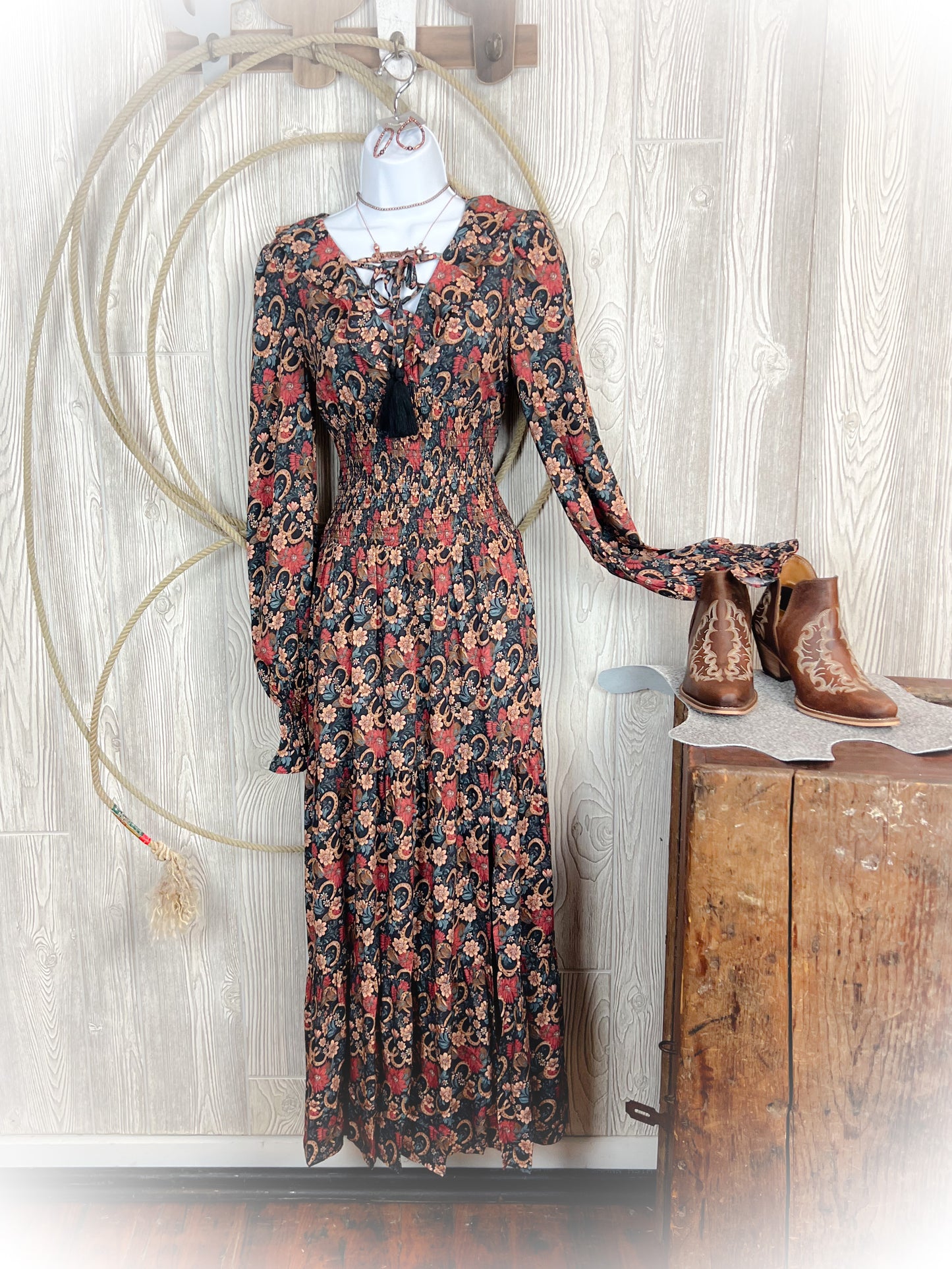 Navy Floral Horseshoe Western Dress