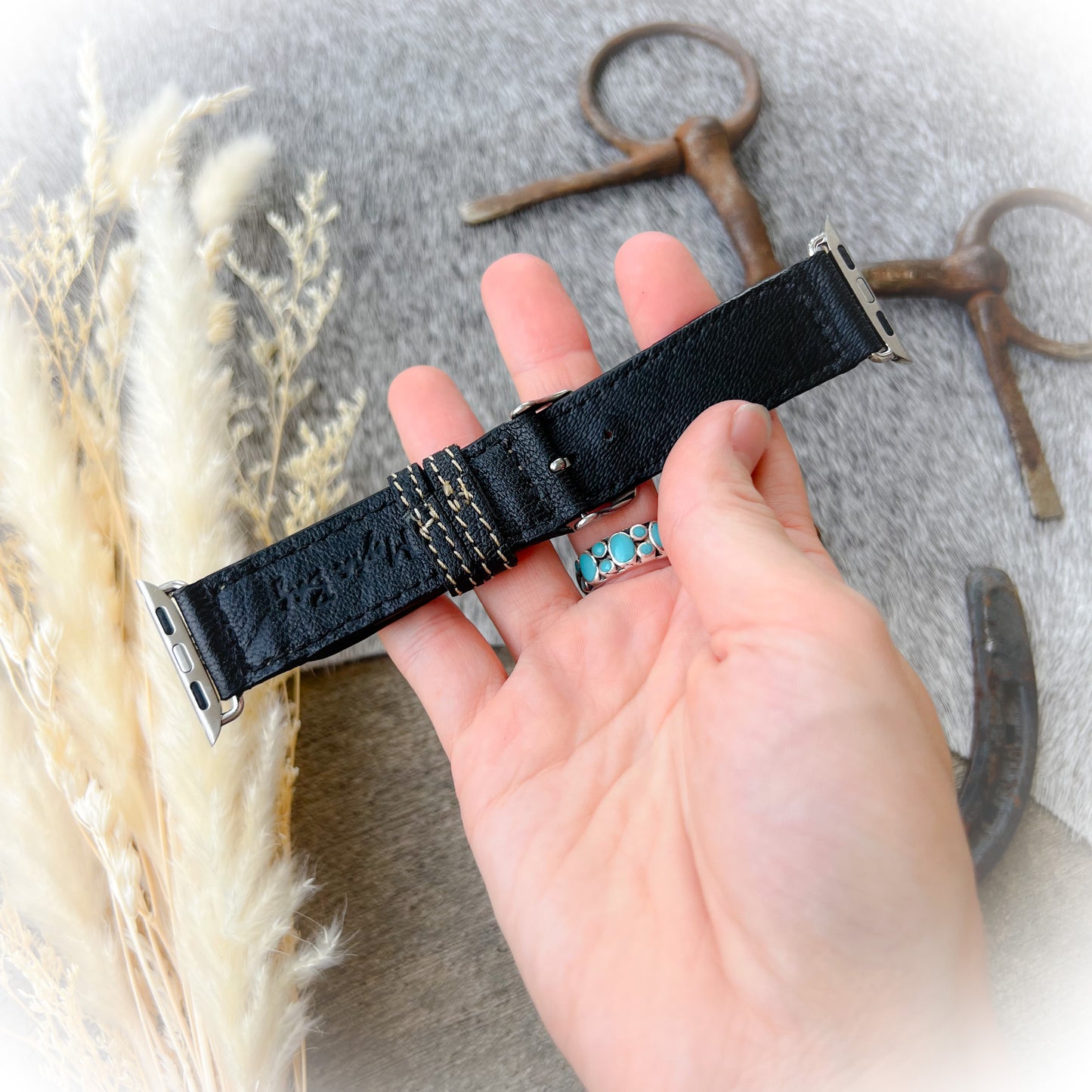 Western Tooled Leather Watch Band – Black & Brown (38mm–40mm)