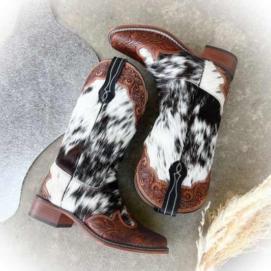 Classic Boujee Cowgirl Western Cowhide & Tooled Leather Boots - Square Toe*