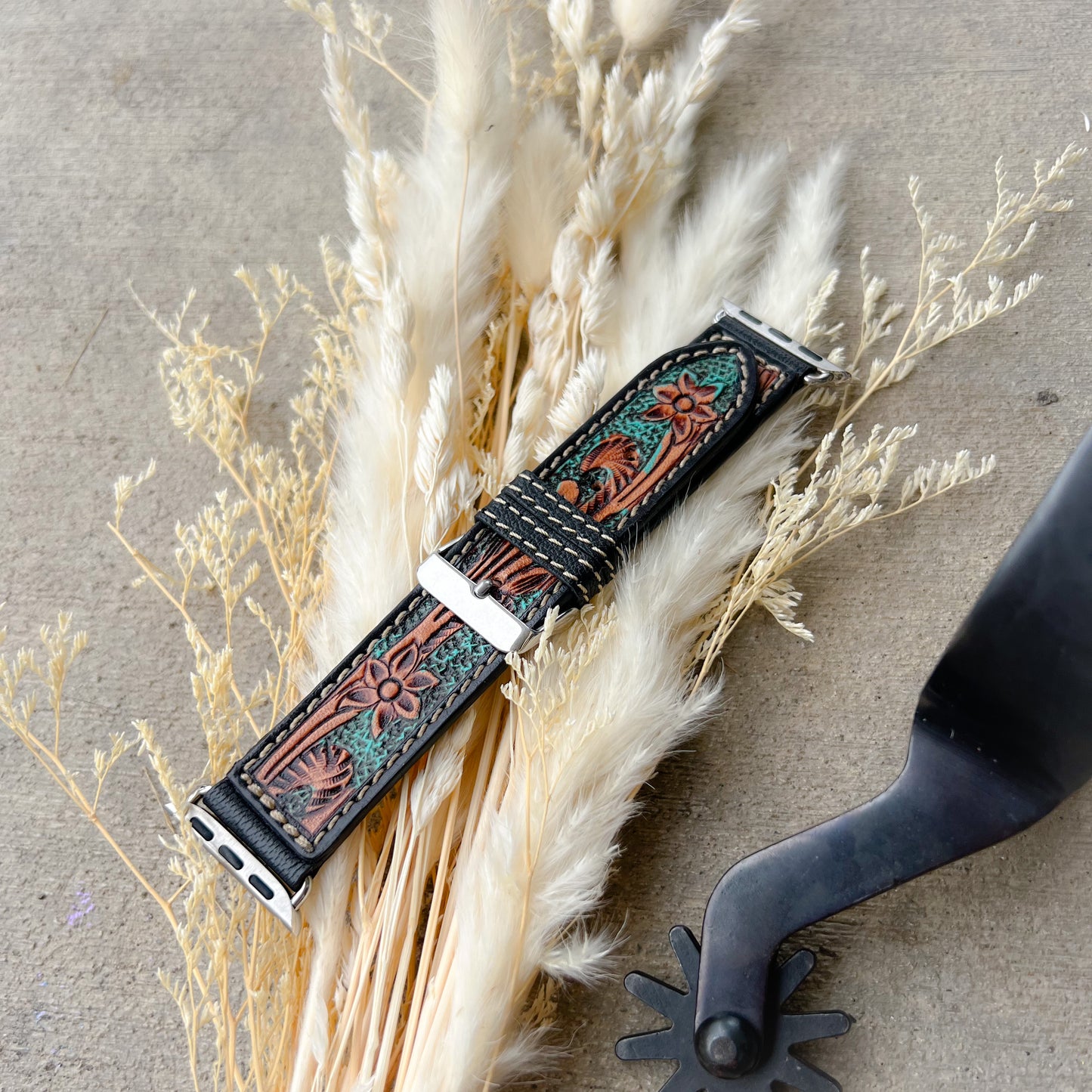 Turquoise Blossom Western Tooled Leather Watch Band - 38mm/40mm/41mm