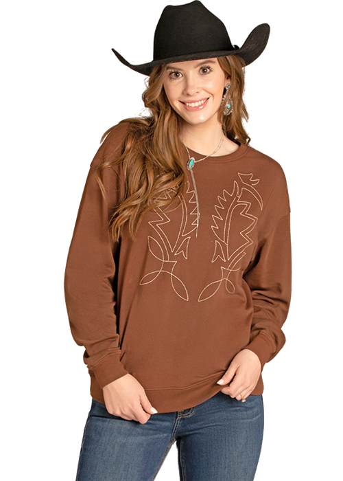 Bareback Jack Western Boot Stitch Crewneck Sweatshirt - Brown