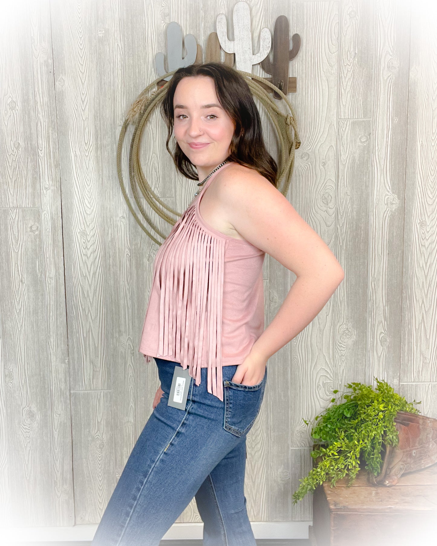 Mauve Fringe Suede Tank Top