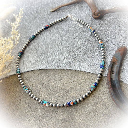 Western Sterling Silver Pearl Necklace with RARE Lapis, Spiny Oyster & Turquoise – 18" + 3" Extension