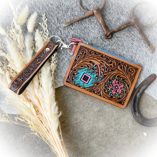 Aztec Design Western Tooled Leather Card Holder with Wristlet Strap