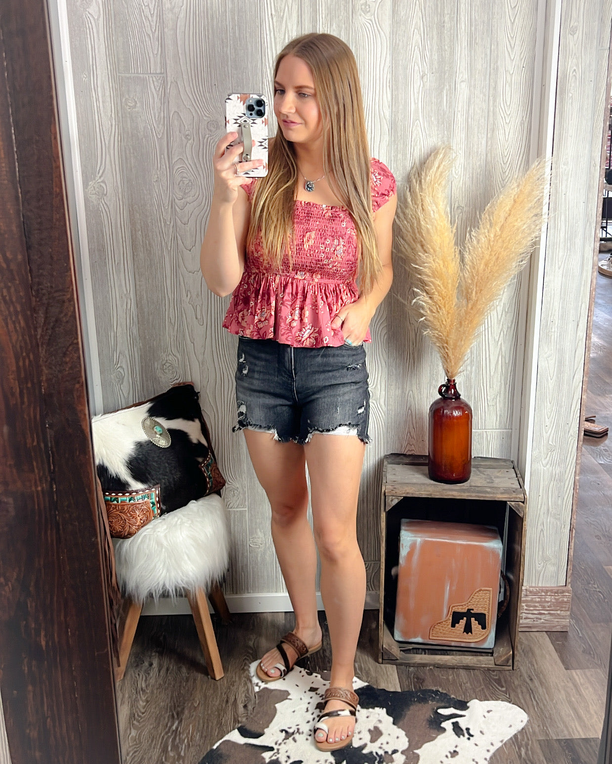 Rosy Bloom Smocked Boho Cap Sleeve Top