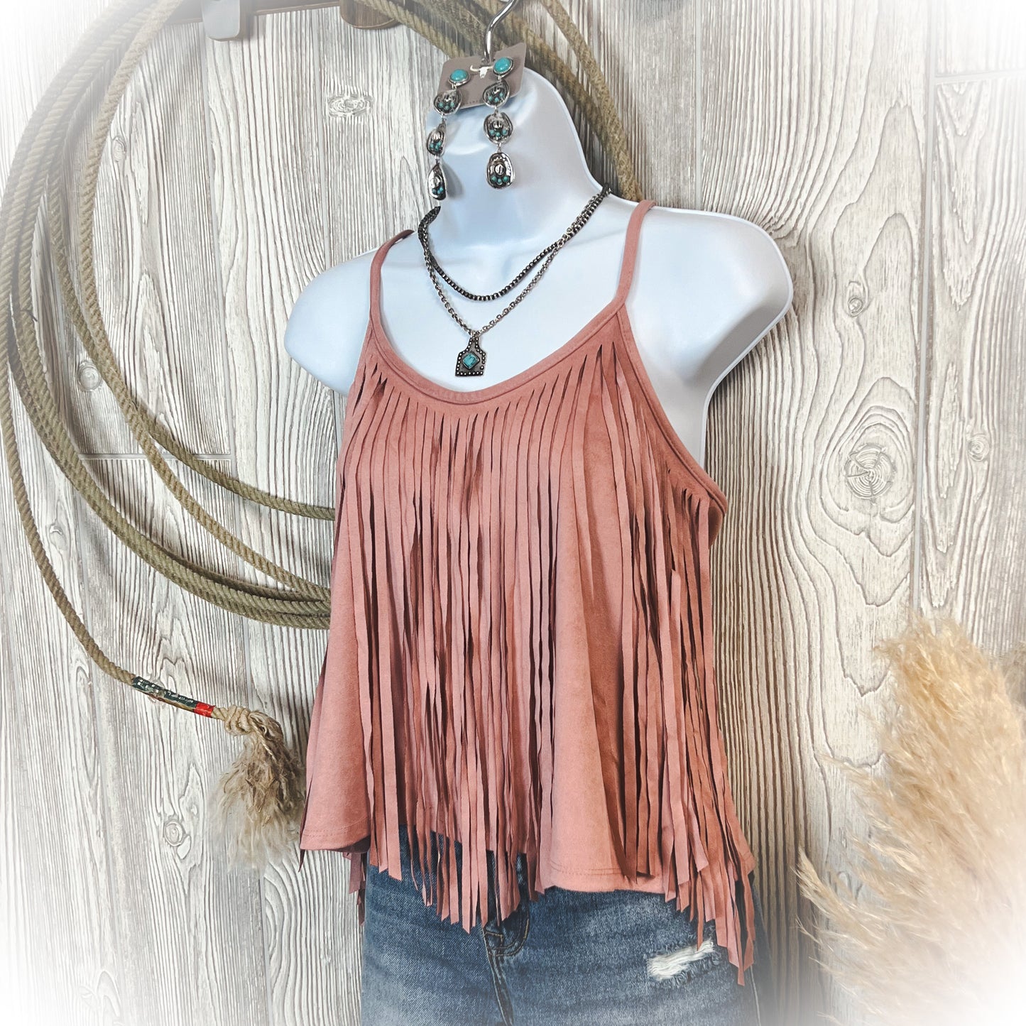 Mauve Fringe Suede Tank Top