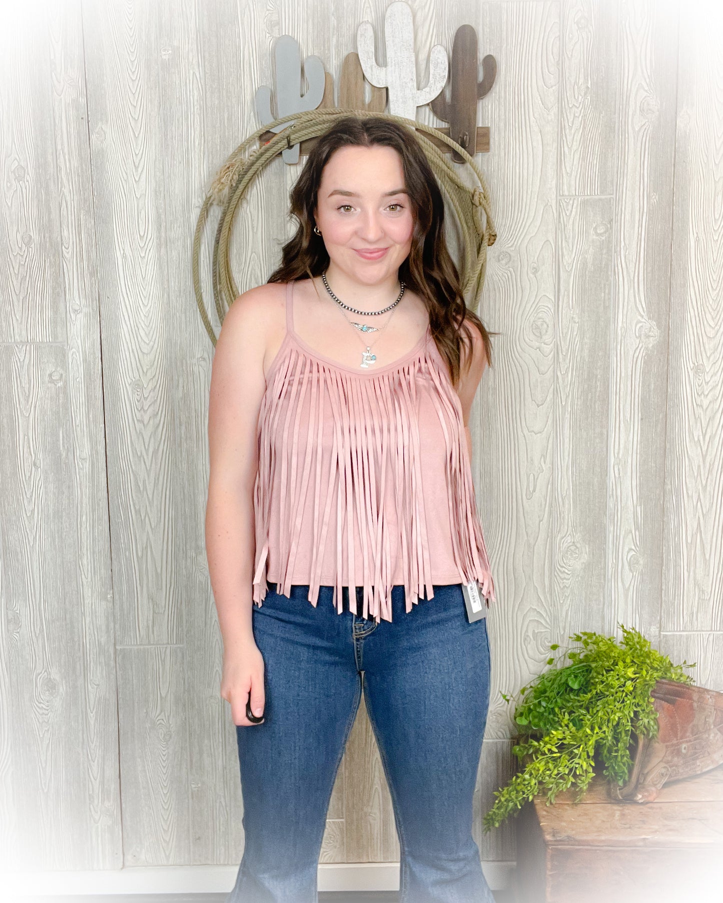 Mauve Fringe Suede Tank Top