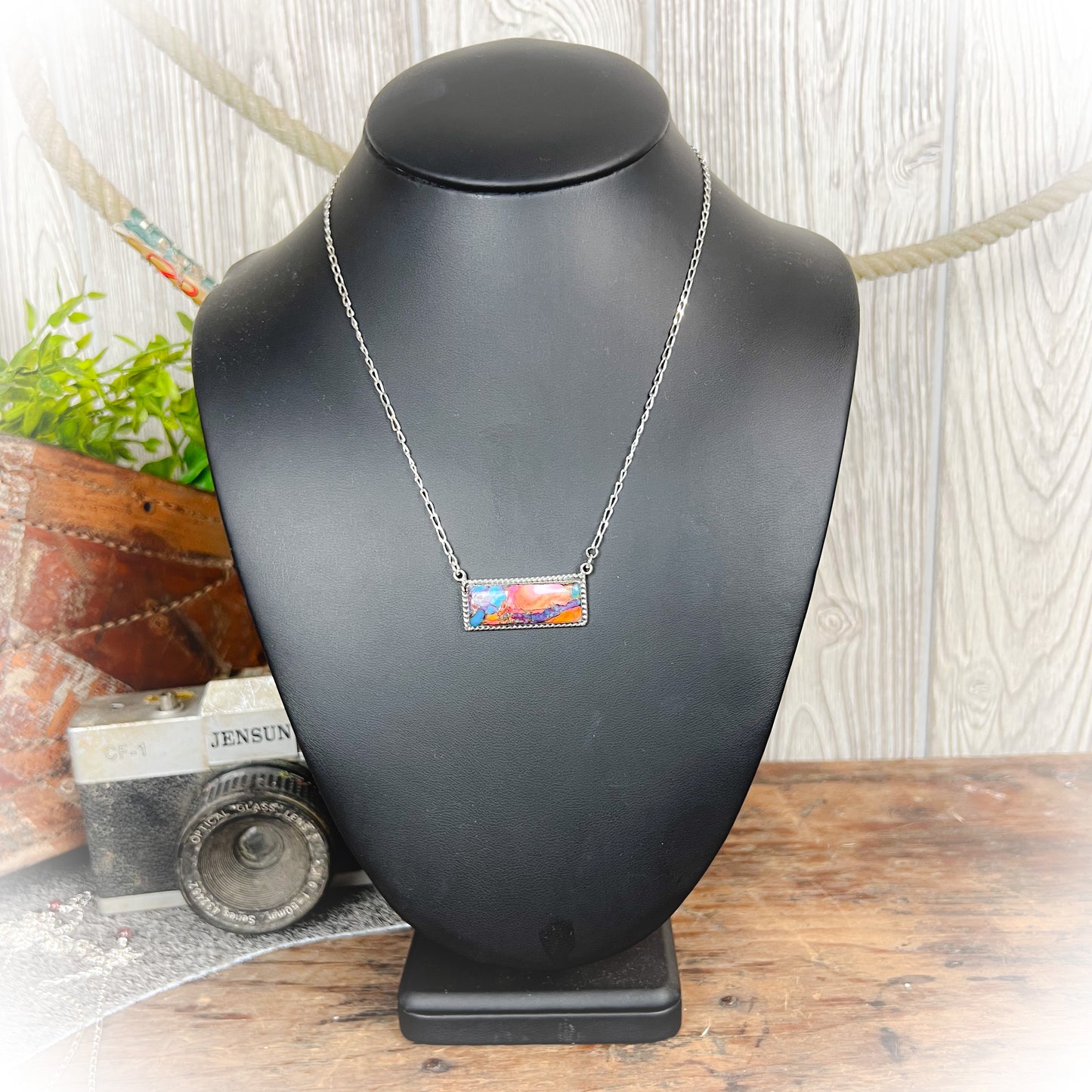 Winona - Pink Dahlia Spiny Turquoise Bar Necklace