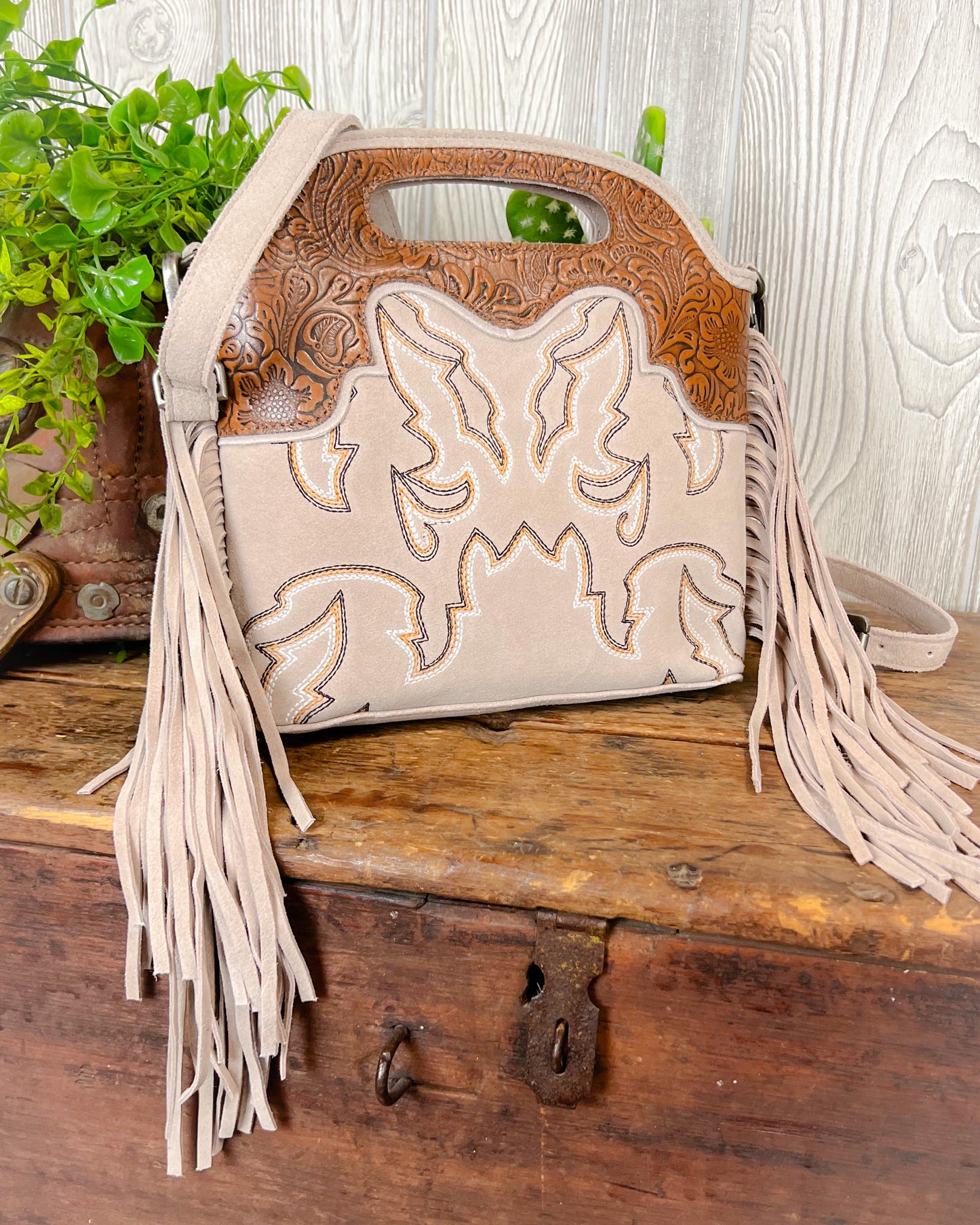 Desert Dreamer Tooled Leather Crossbody – Fringe & Boot Stitch Detail