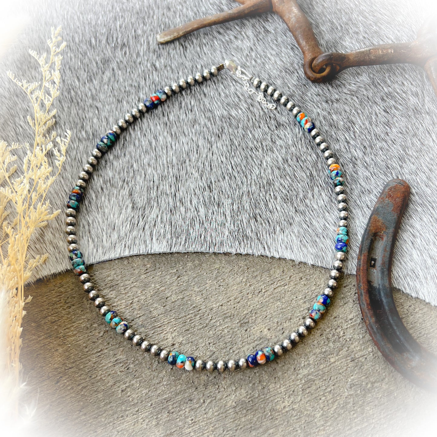 Western Sterling Silver Pearl Necklace with RARE Lapis, Spiny Oyster & Turquoise – 18" + 3" Extension