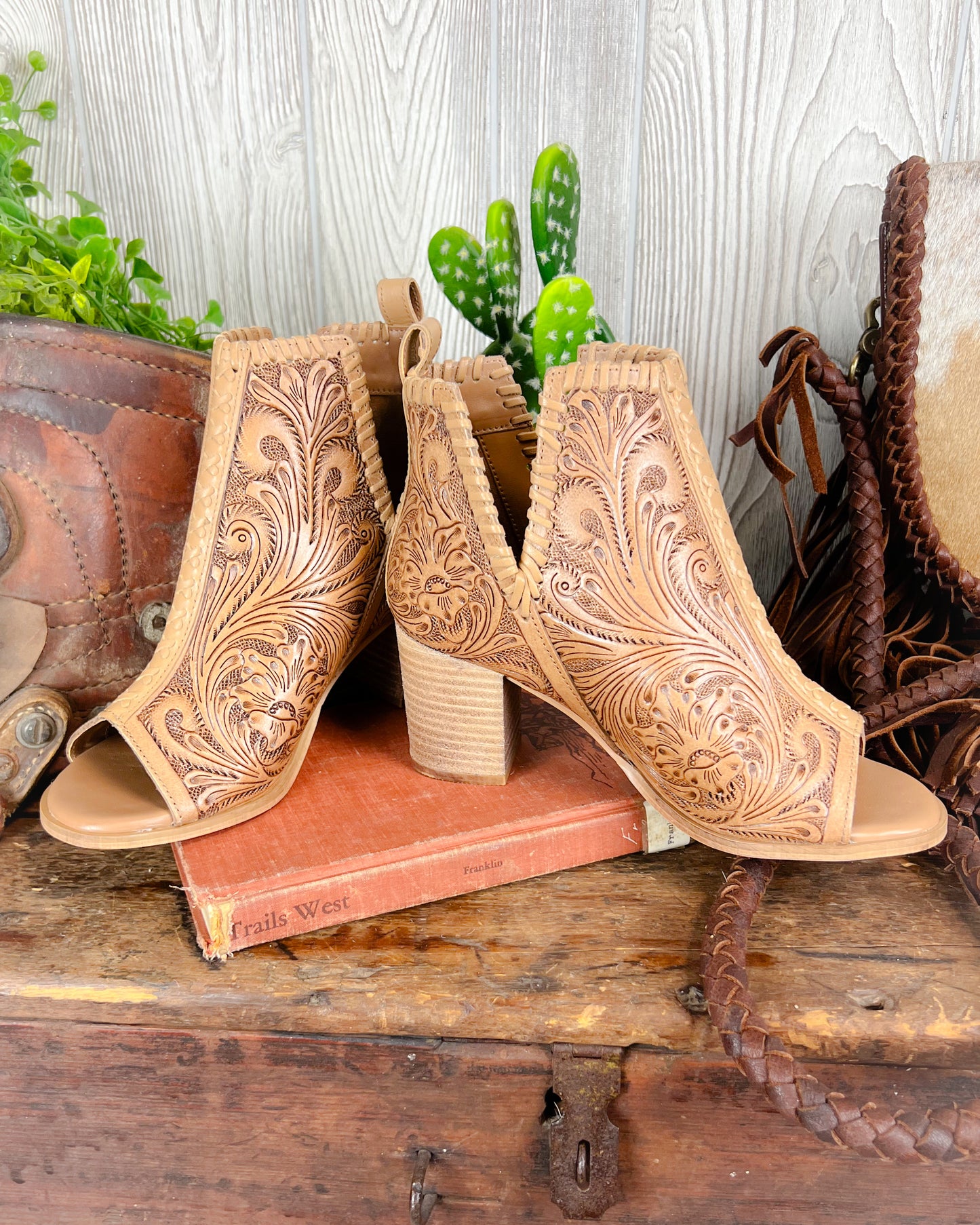 Tooled leather western high heeled booties with floral scroll design and open toe
