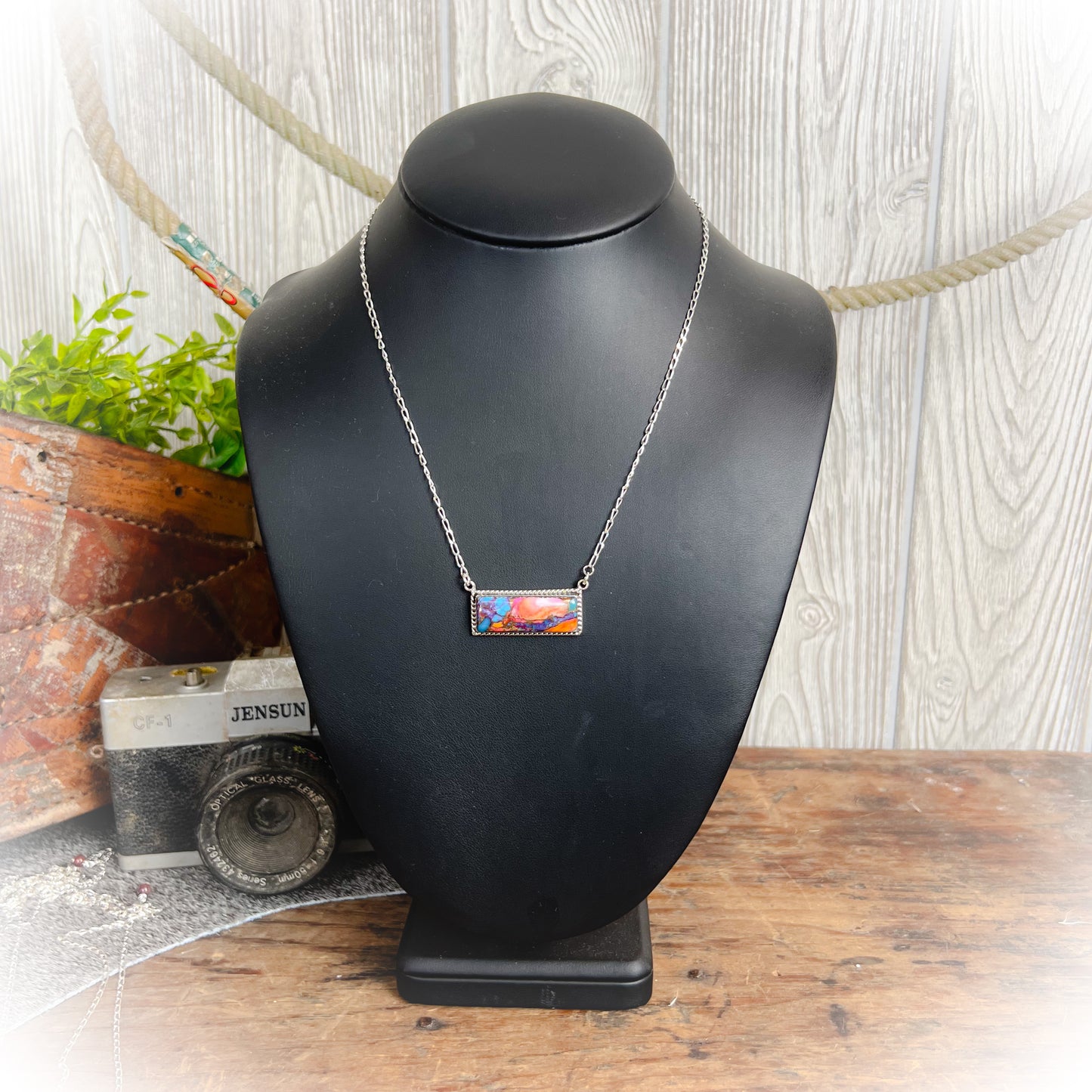 Winona - Pink Dahlia Spiny Turquoise Bar Necklace