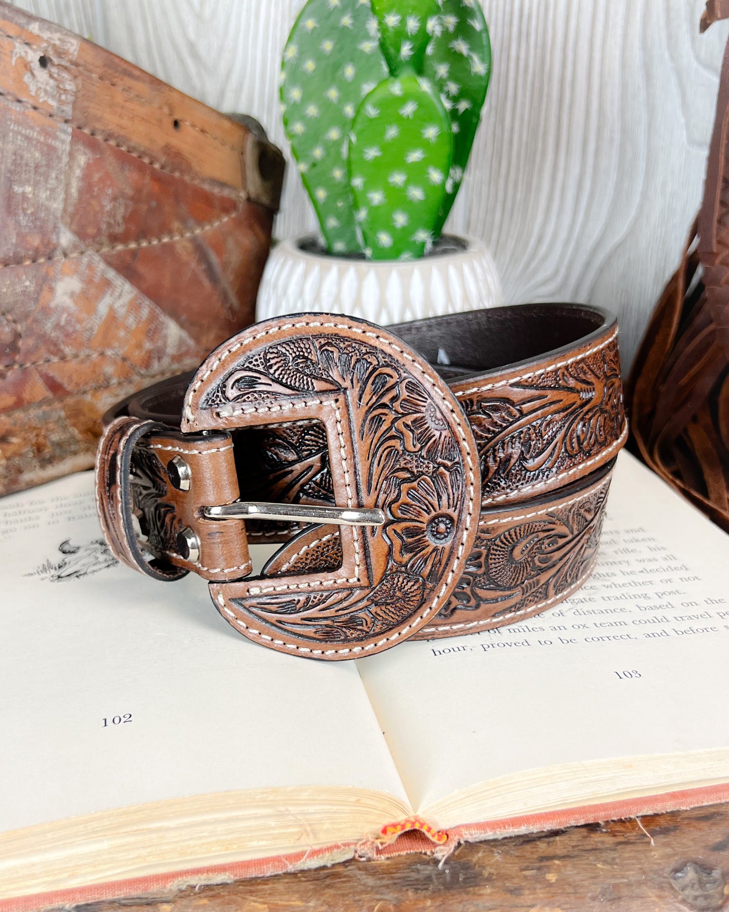 High Desert Tooled Leather Belt - Brown