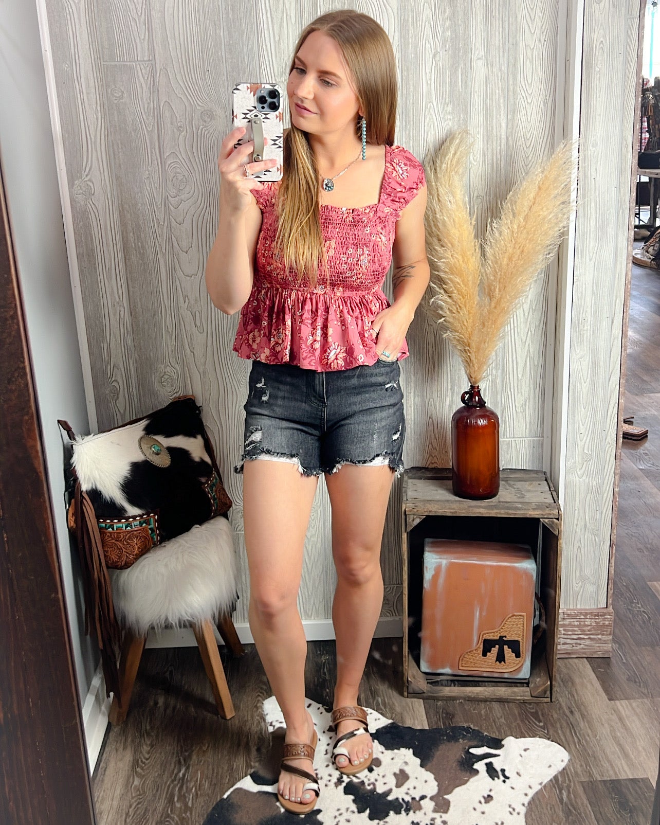 Rosy Bloom Smocked Boho Cap Sleeve Top