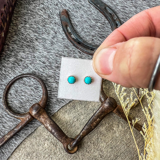 Western Sterling Silver & Authentic Turquoise Mini Stud Earrings – 5mm