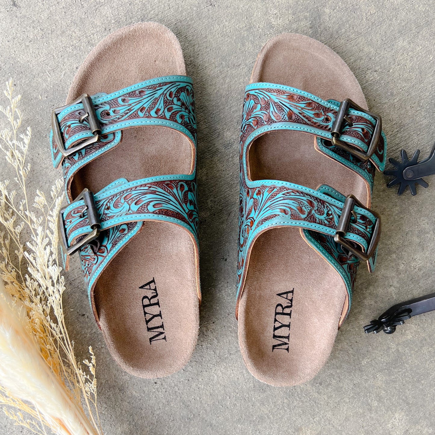 Rustic Rodeo Tooled Leather Slide Sandals – Turquoise & Brown