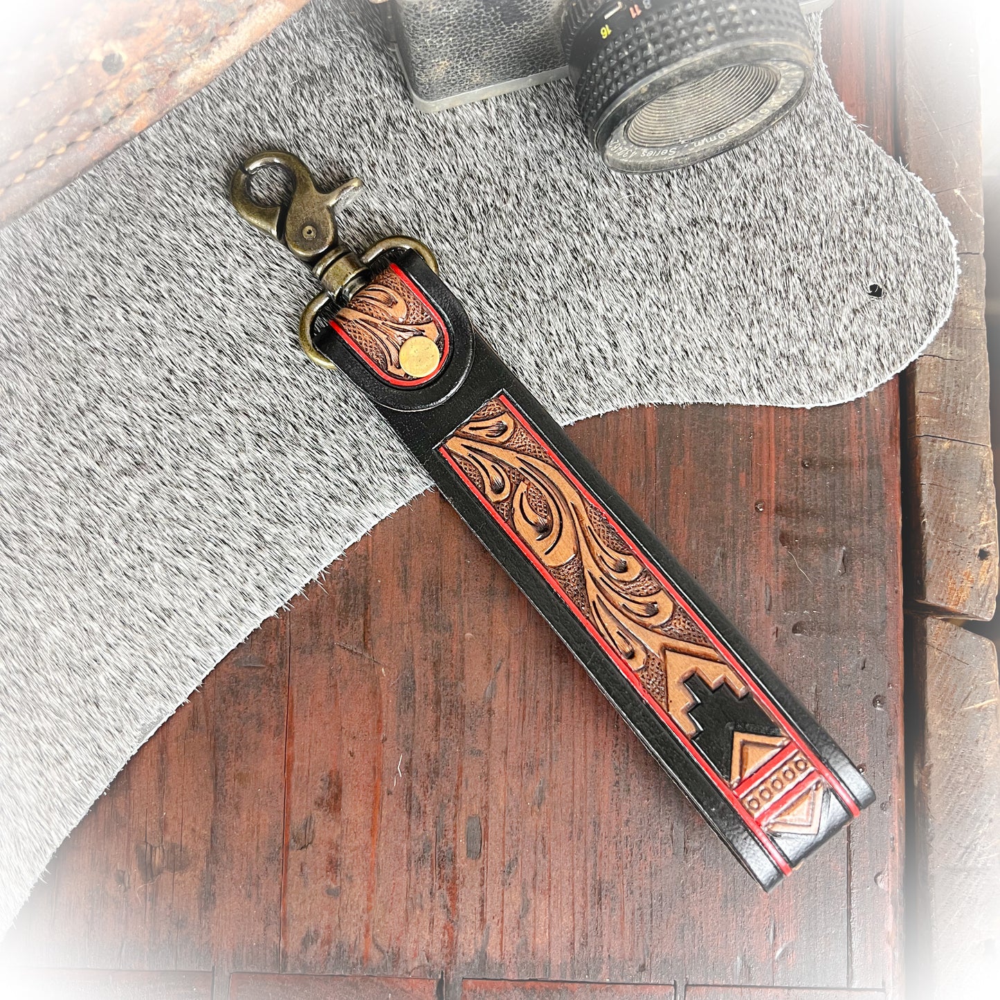 Dusty Trail Tooled Leather Keychain - Red & Black