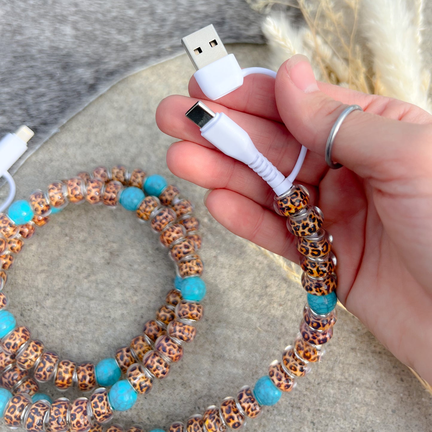 Cheetah Print & Turquoise Beaded Charging Cord