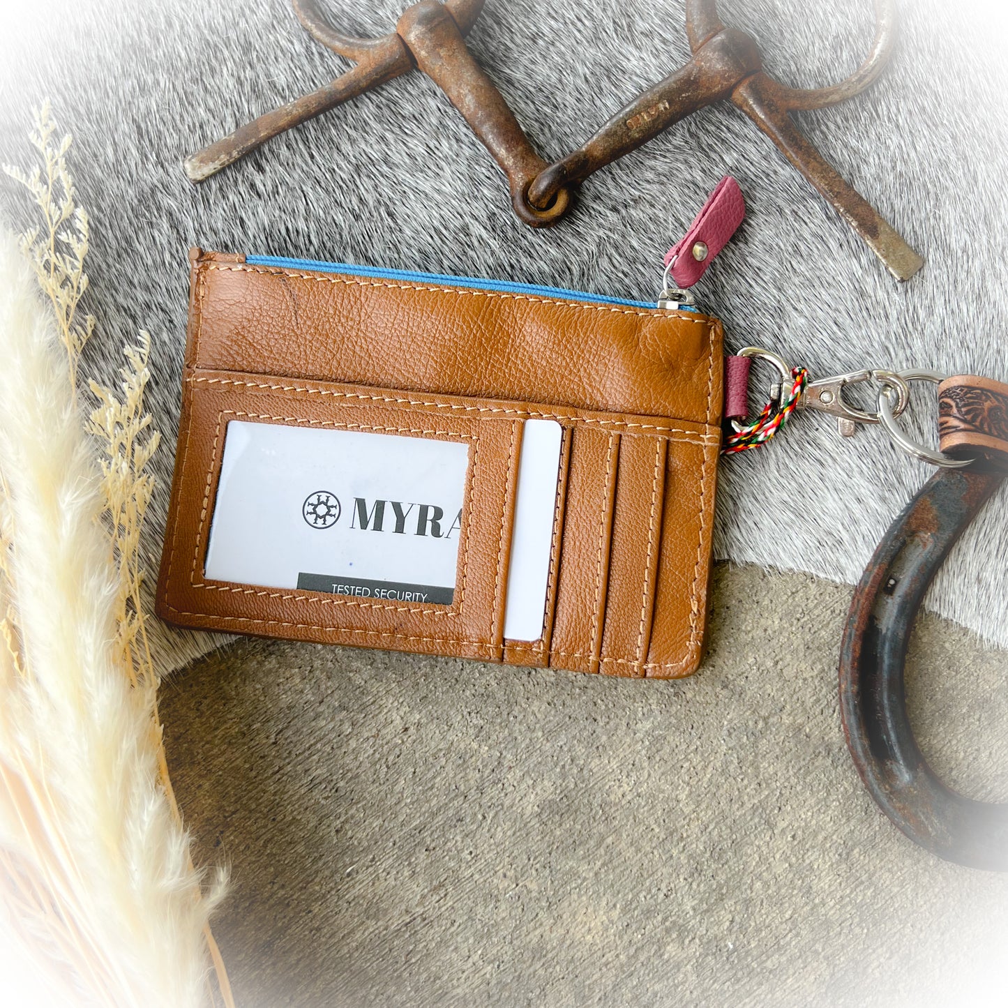 Aztec Design Western Tooled Leather Card Holder with Wristlet Strap