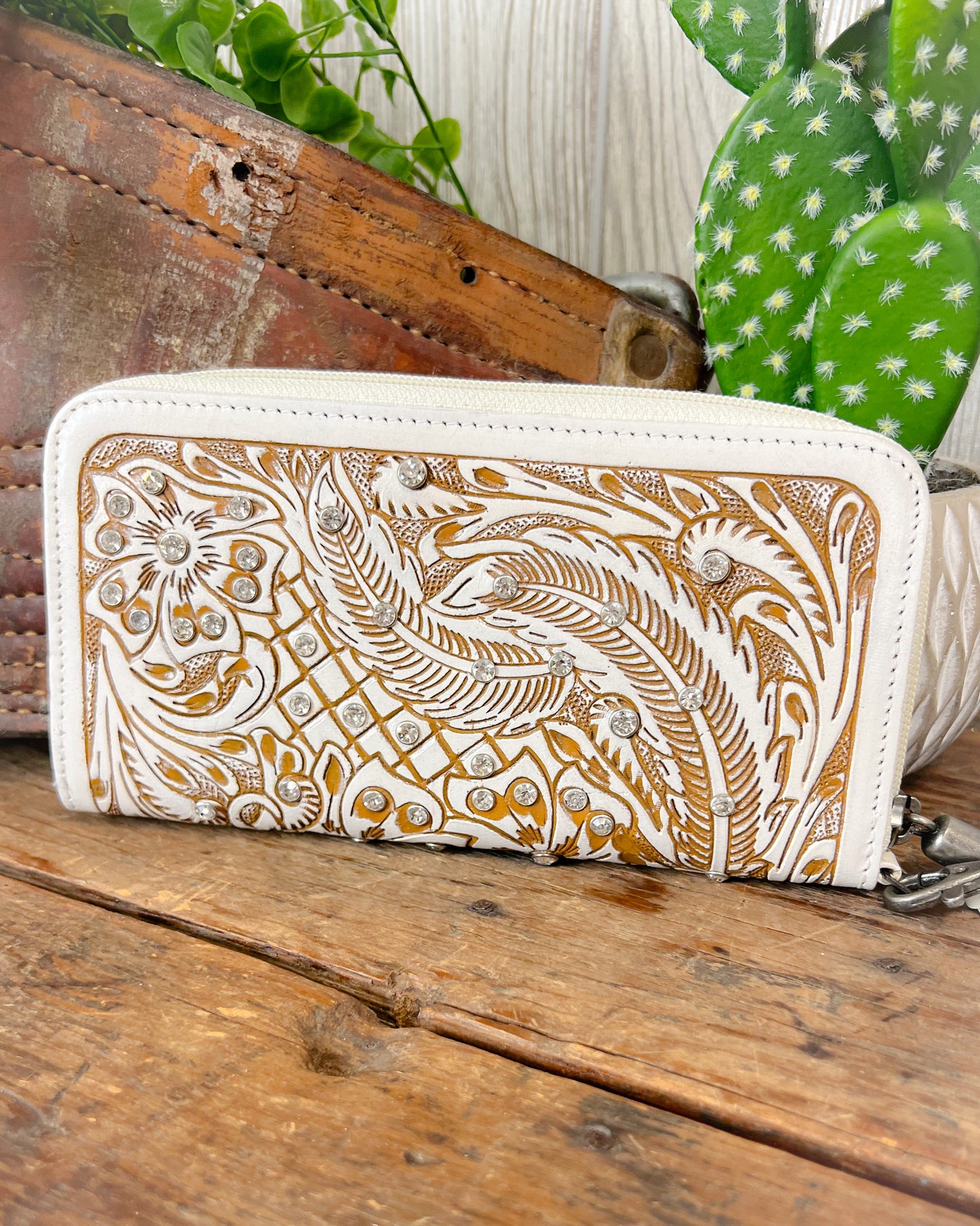 Wildflower Wishes Tooled Leather Wallet – White with Crystal Accents