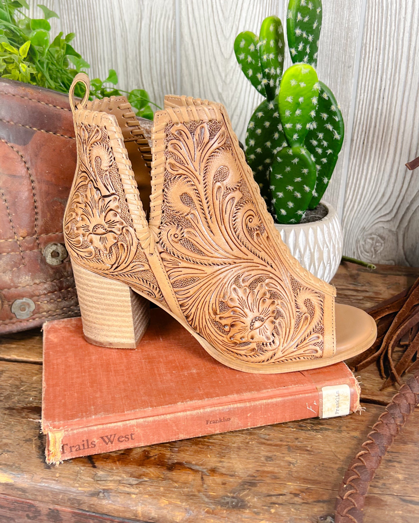 Tooled leather western high heeled booties with floral scroll design and open toe