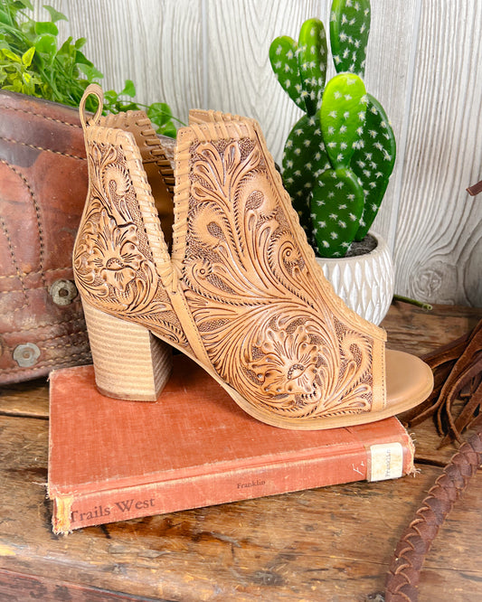 Tooled leather western high heeled booties with floral scroll design and open toe