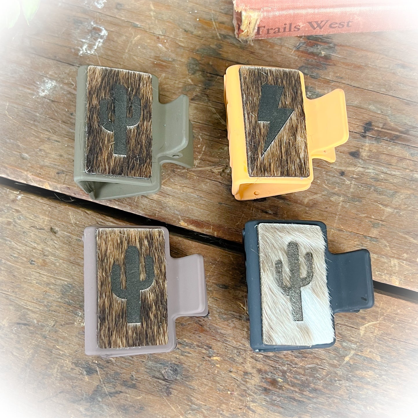 Cactus/Lightning Bolt Western Cowhide Claw Clips