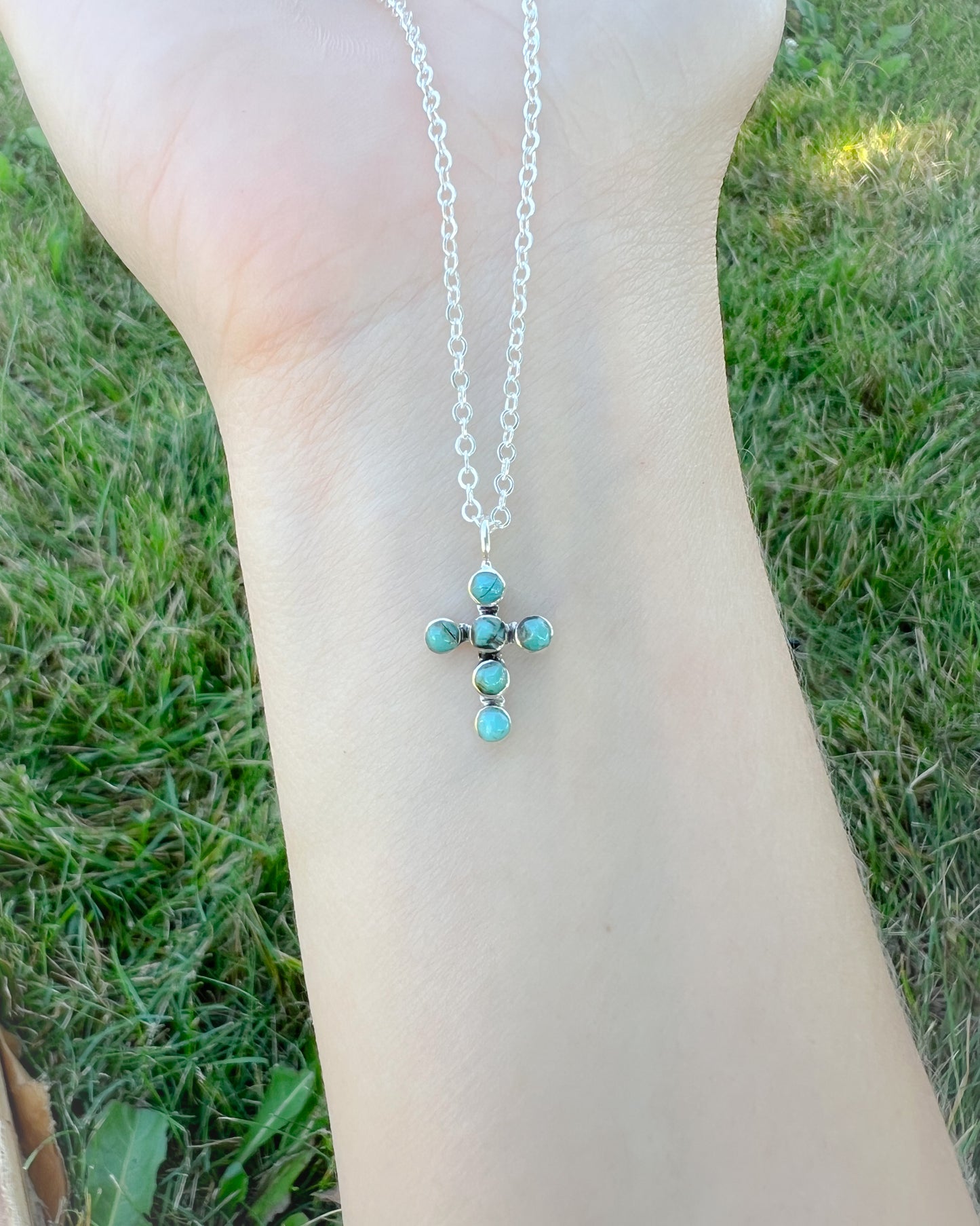 Dainty Turquoise Cross Necklace – Authentic Stones & Sterling Silver (16" + 3" Extender)