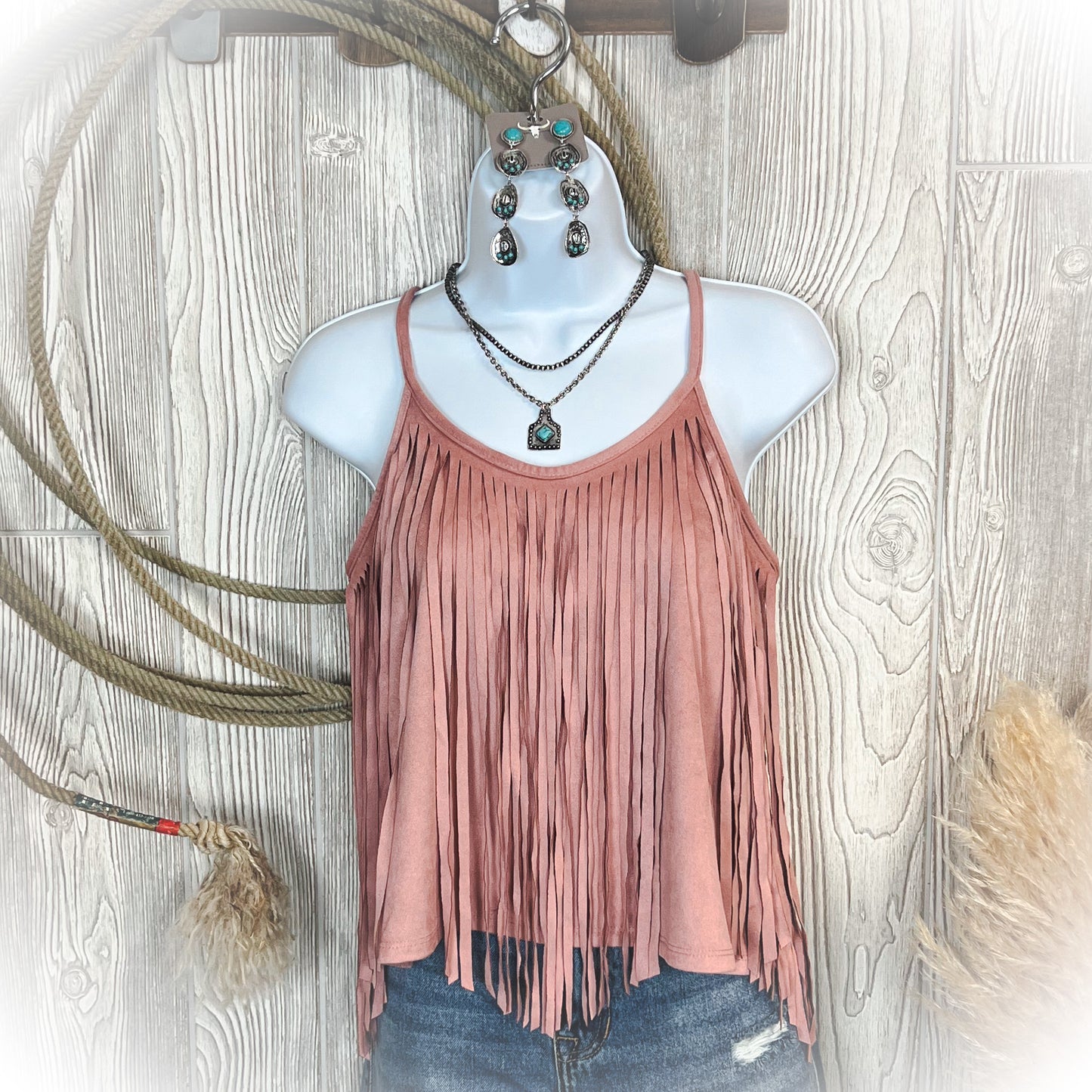 Mauve Fringe Suede Tank Top