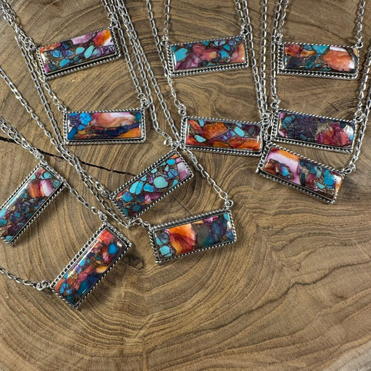 Winona - Pink Dahlia Spiny Turquoise Bar Necklace