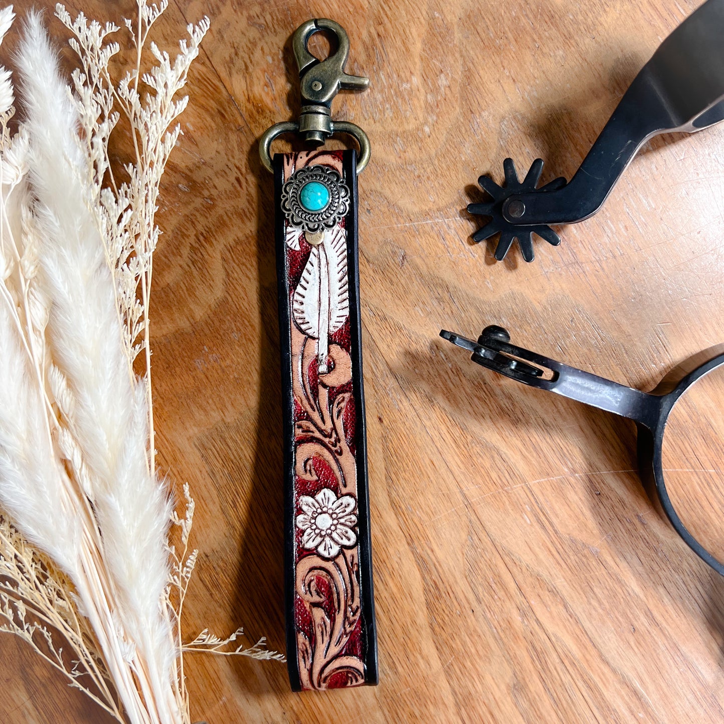 Feather & Floral Tooled Leather Keychain – Turquoise Concho + Antique Gold Clip