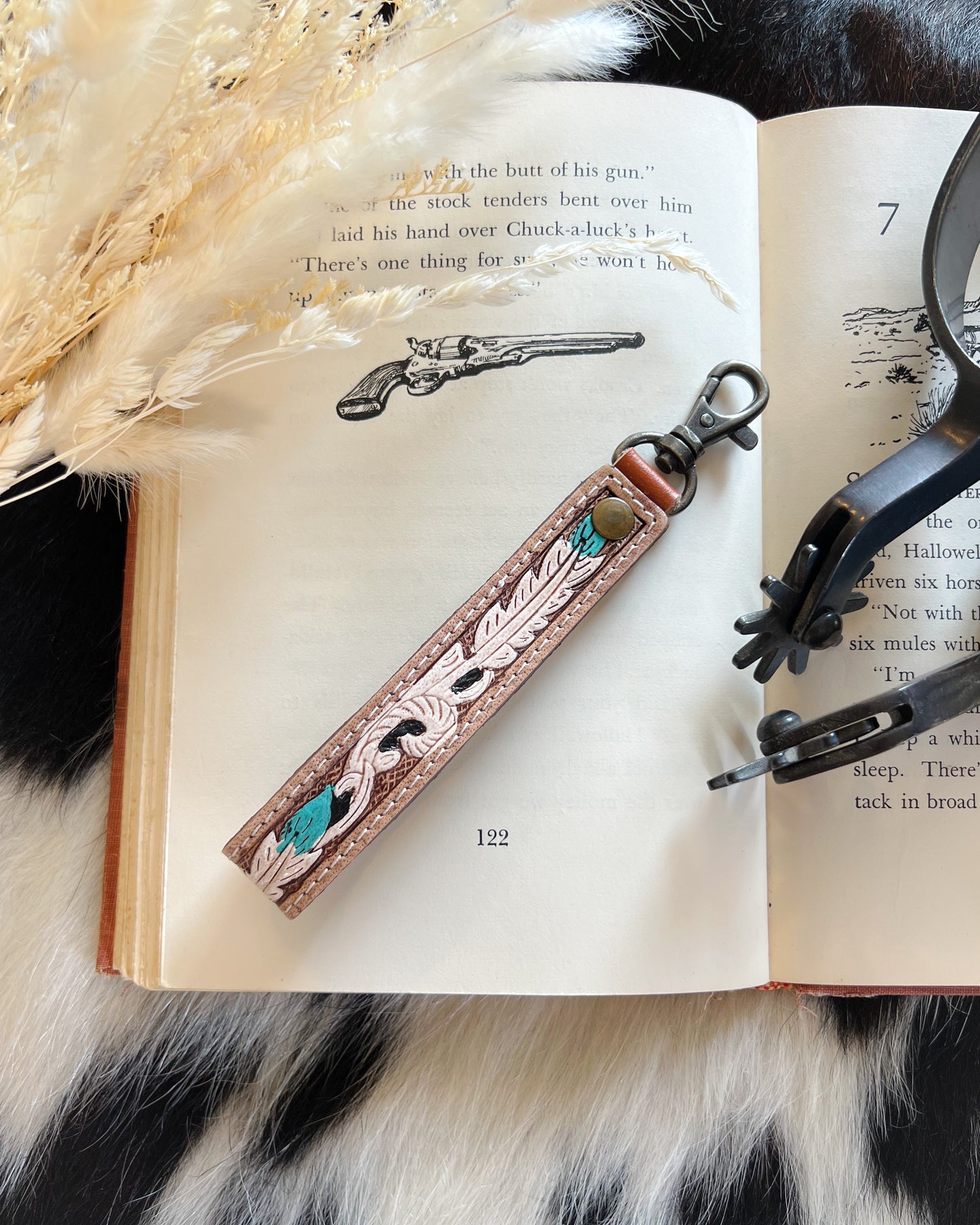 Tooled Leather Feather Keychain