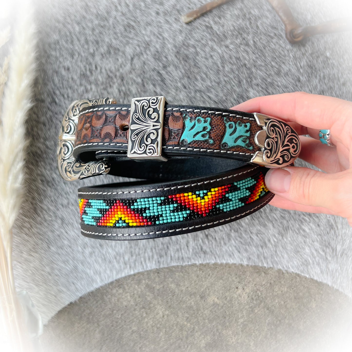 Moon Light Western Tooled Leather & Beaded Belt
