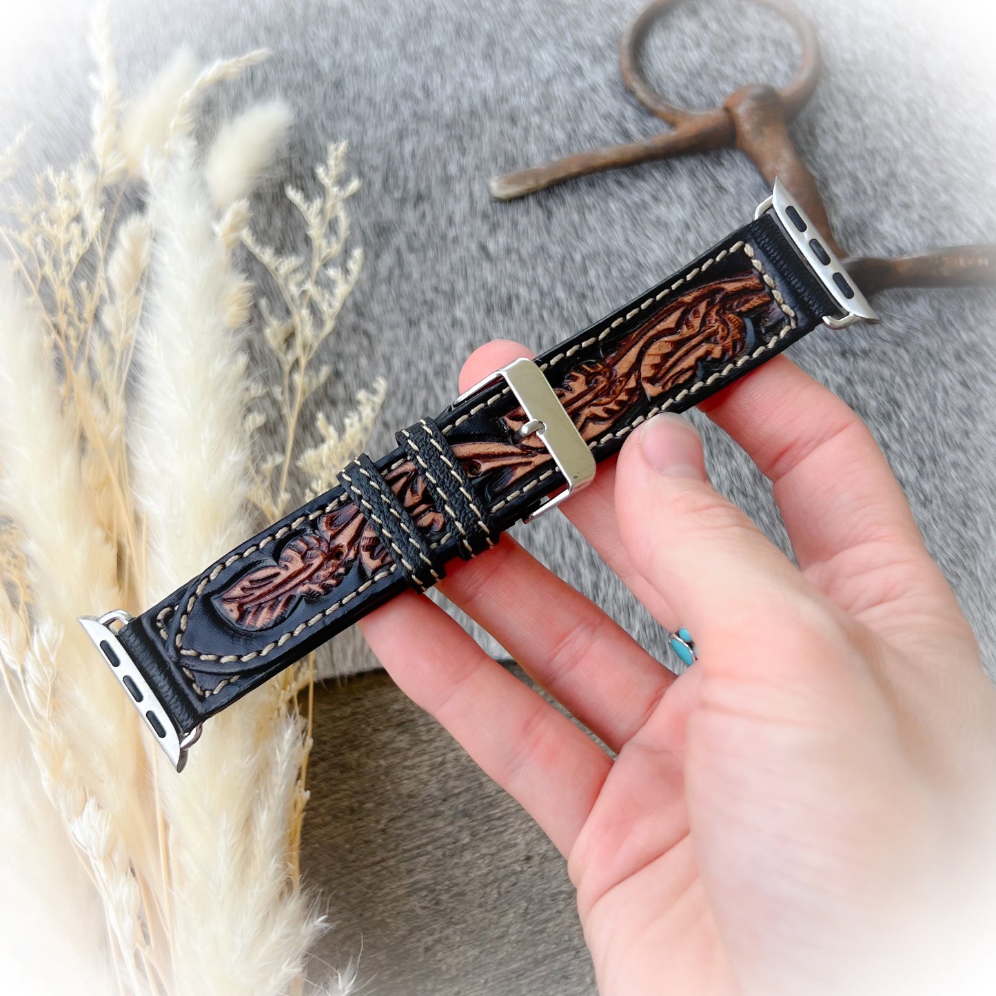 Western Tooled Leather Watch Band – Black & Brown (38mm–40mm)