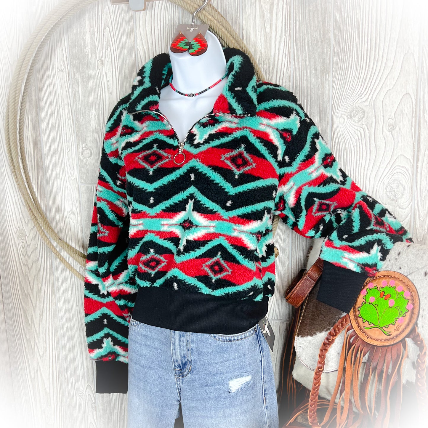 Aztec Sherpa Quarter Zip Sweater - Black