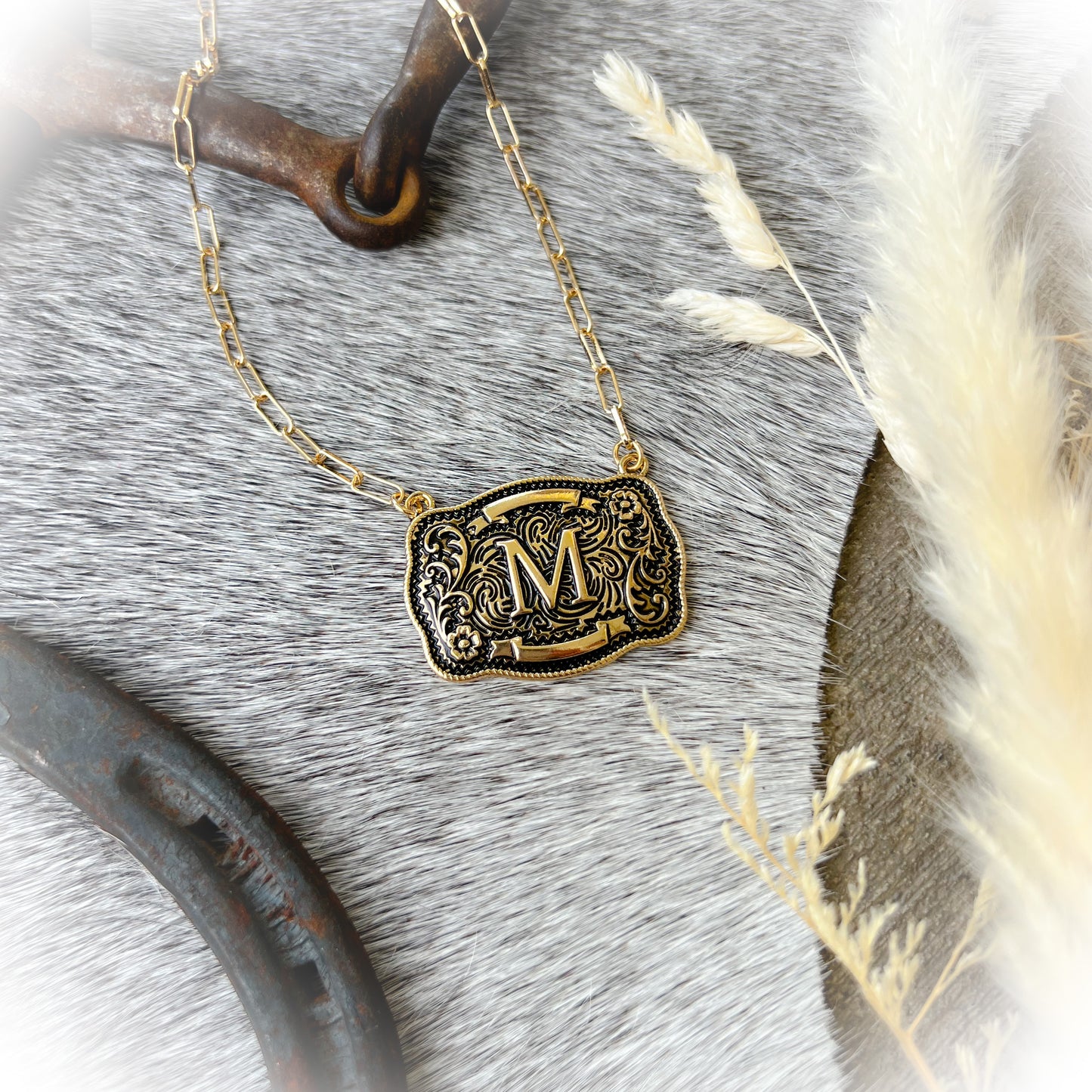 Western Buckle Initial Necklace - Antique Gold